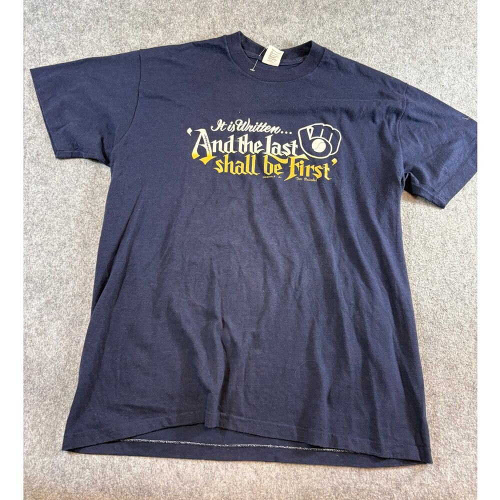 VINTAGE 90s Milwaukee Brewers Shirt Mens XL Blue Baseball Sports Single Stitch